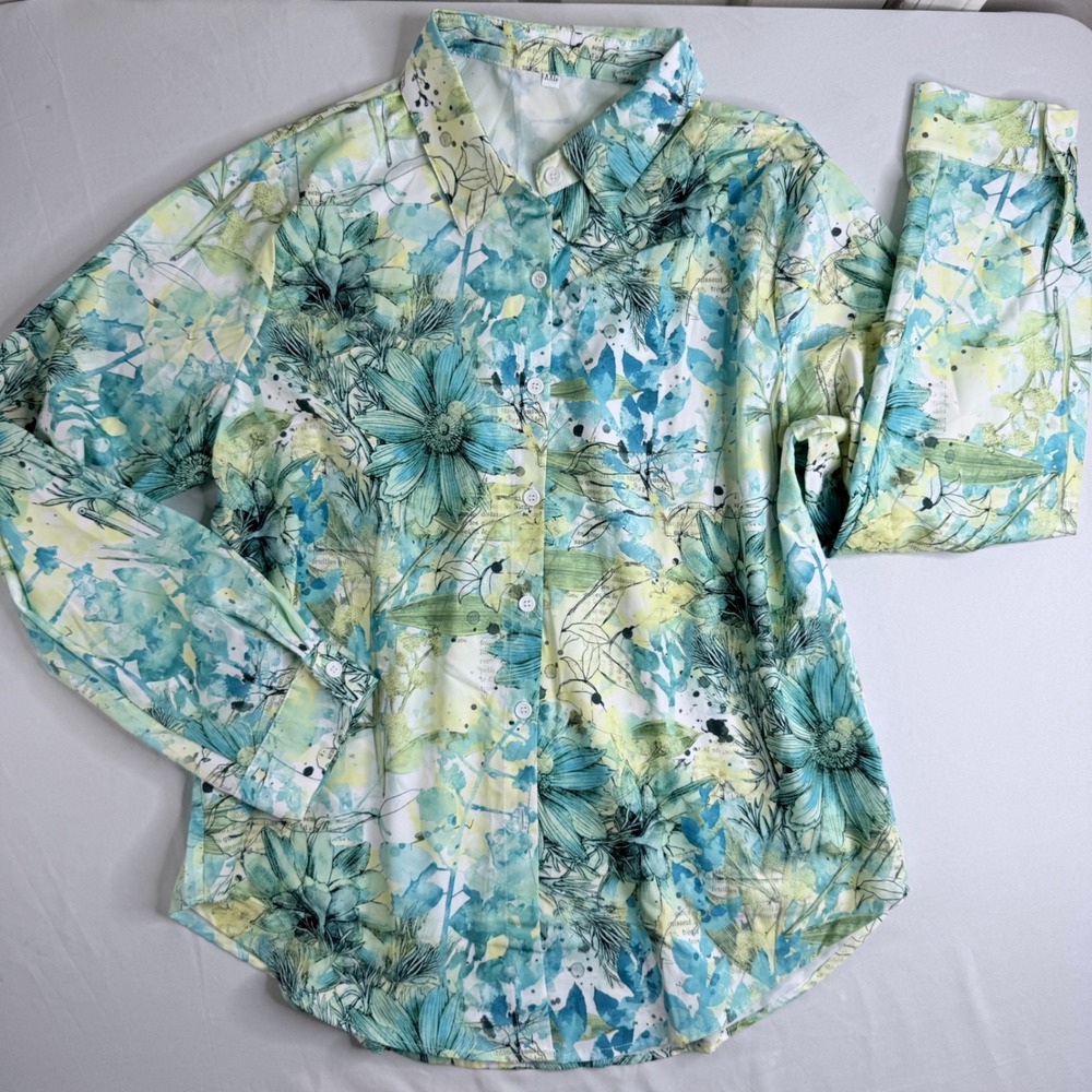 Womens Teal Green Floral French Script Button Up Blouse XXL Long Sleeve Top